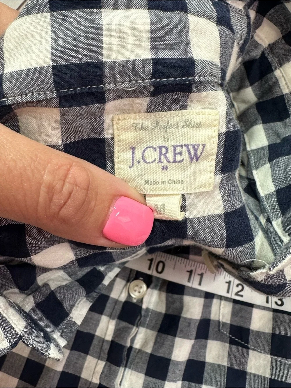 J. Crew perfect shirt Navy Gingham check plaid button up top women M layer prep
